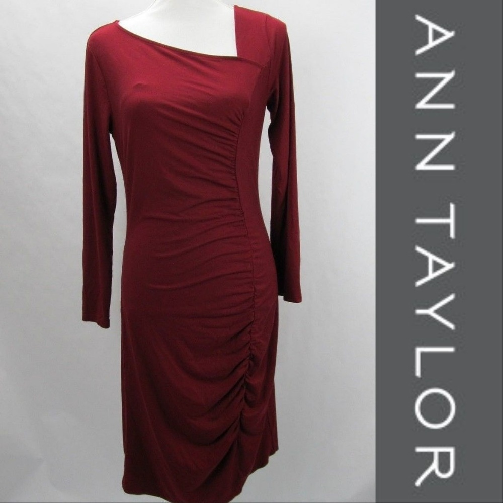 Ann Taylor Ruched Ox Blood Stretch Sheath Dress